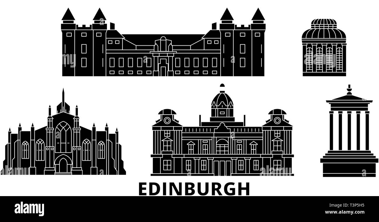 Regno Unito, Edimburgo piatta sullo skyline di viaggio set. Regno Unito, Edimburgo città nero illustrazione vettoriale, simbolo, siti di viaggi, punti di riferimento. Illustrazione Vettoriale