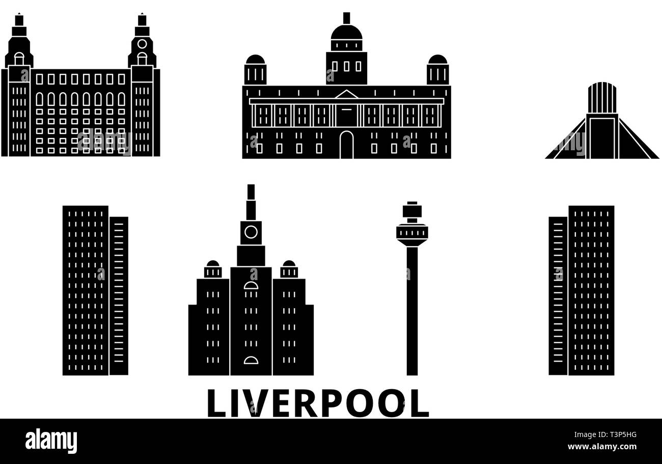 Regno Unito, Liverpool piatta sullo skyline di viaggio set. Regno Unito, nero di Liverpool City illustrazione vettoriale, simbolo, siti di viaggi, punti di riferimento. Illustrazione Vettoriale