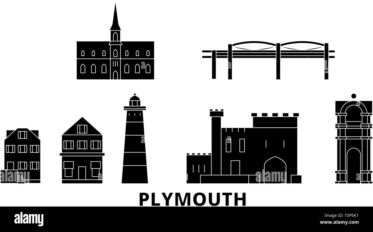 Regno Unito, Plymouth piatta sullo skyline di viaggio set. Regno Unito, nero di Plymouth city illustrazione vettoriale, simbolo, siti di viaggi, punti di riferimento. Illustrazione Vettoriale
