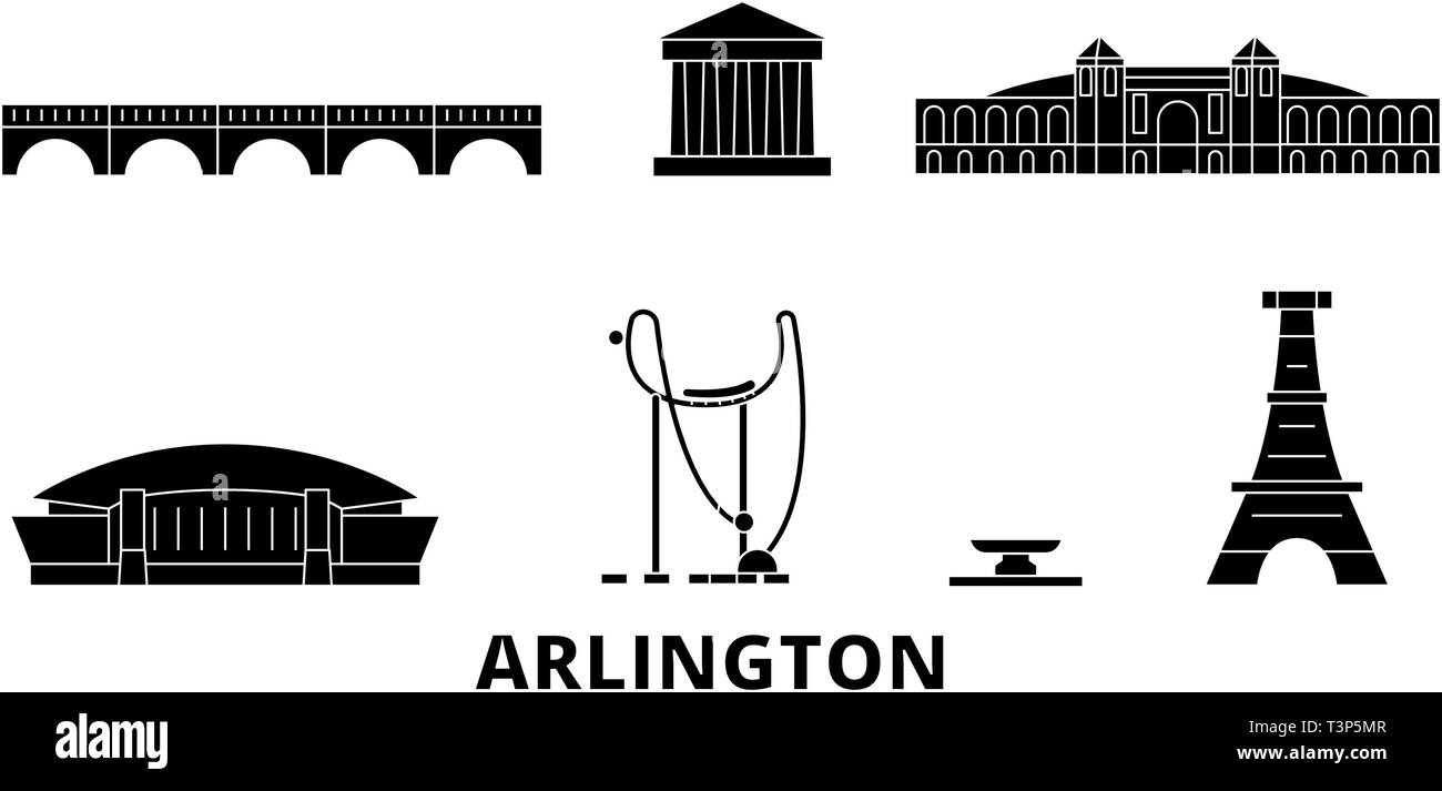 Stati Uniti, Arlington piatta sullo skyline di viaggio set. Stati Uniti, Arlington città nero illustrazione vettoriale, simbolo, siti di viaggi, punti di riferimento. Illustrazione Vettoriale