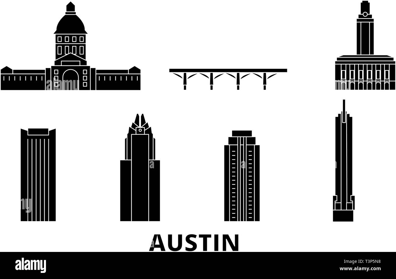 Stati Uniti, Austin piatta sullo skyline di viaggio set. Stati Uniti, Austin black city illustrazione vettoriale, simbolo, siti di viaggi, punti di riferimento. Illustrazione Vettoriale