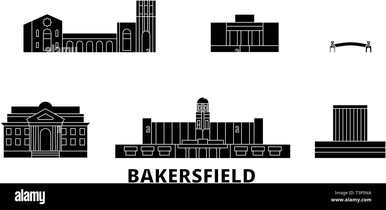 Stati Uniti, Bakersfield piatta sullo skyline di viaggio set. Stati Uniti, Bakersfield black city illustrazione vettoriale, simbolo, siti di viaggi, punti di riferimento. Illustrazione Vettoriale