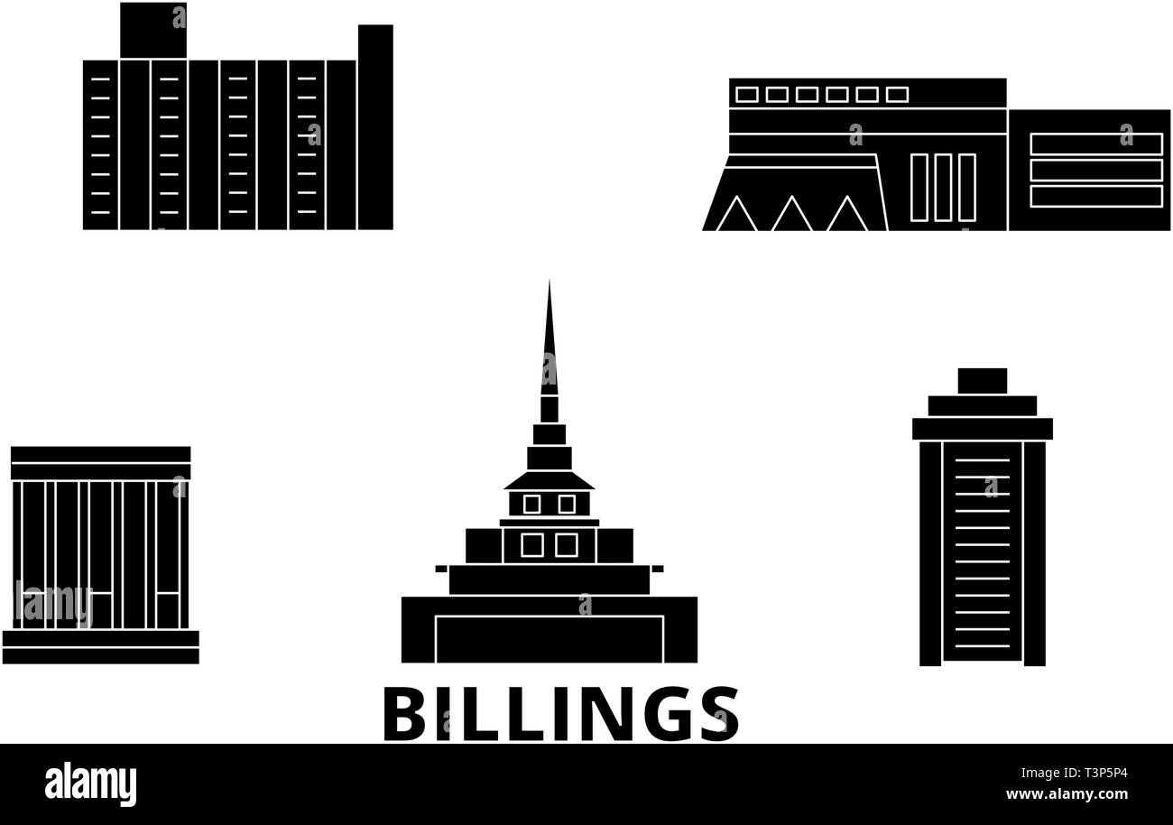 Stati Uniti, Billings piatta sullo skyline di viaggio set. Stati Uniti, Billings città nero illustrazione vettoriale, simbolo, siti di viaggi, punti di riferimento. Illustrazione Vettoriale