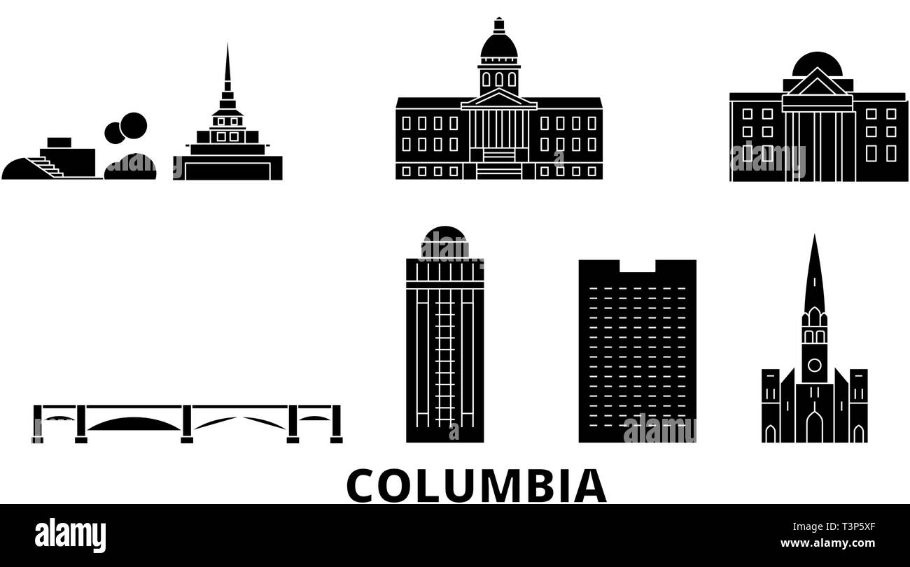 Gli Stati Uniti, Columbia piatta sullo skyline di viaggio set. Gli Stati Uniti, Columbia city nero illustrazione vettoriale, simbolo, siti di viaggi, punti di riferimento. Illustrazione Vettoriale