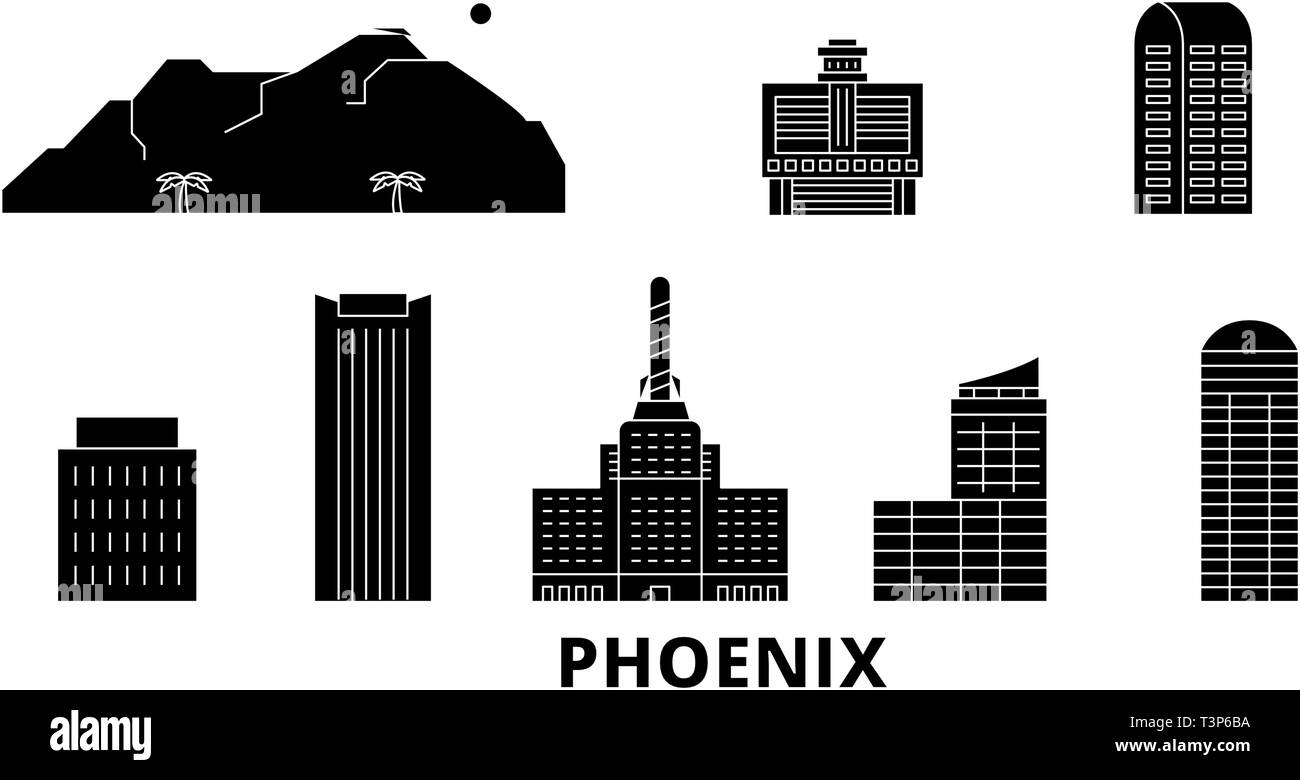 Stati Uniti, Phoenix piatta sullo skyline di viaggio set. Stati Uniti, Phoenix città nero illustrazione vettoriale, simbolo, siti di viaggi, punti di riferimento. Illustrazione Vettoriale