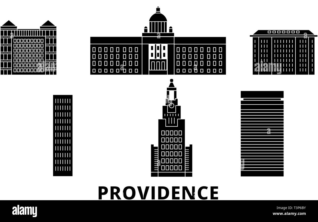 Stati Uniti, la Provvidenza piatta sullo skyline di viaggio set. Stati Uniti, Providence Città nero illustrazione vettoriale, simbolo, siti di viaggi, punti di riferimento. Illustrazione Vettoriale