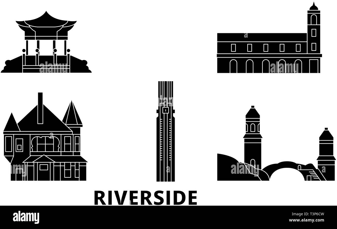 Stati Uniti, Riverside piatta sullo skyline di viaggio set. Stati Uniti, Riverside città nero illustrazione vettoriale, simbolo, siti di viaggi, punti di riferimento. Illustrazione Vettoriale