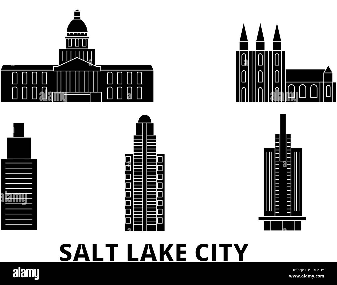 Stati Uniti, Salt Lake City flat skyline di viaggio set. Stati Uniti, Salt Lake City città nero illustrazione vettoriale, simbolo, siti di viaggi, punti di riferimento. Illustrazione Vettoriale