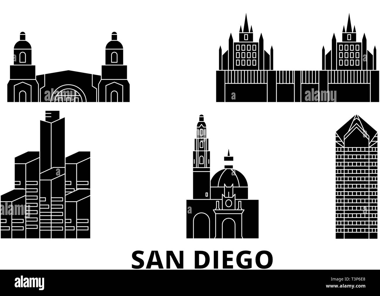 Stati Uniti, San Diego piano skyline di viaggio set. Stati Uniti, San Diego città nero illustrazione vettoriale, simbolo, siti di viaggi, punti di riferimento. Illustrazione Vettoriale