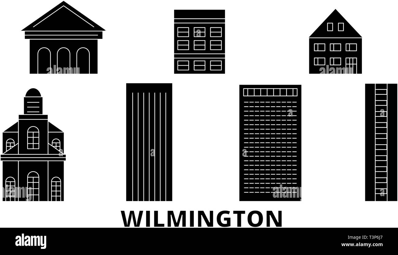 Stati Uniti, Wilmington flat skyline di viaggio set. Stati Uniti, Wilmington città nero illustrazione vettoriale, simbolo, siti di viaggi, punti di riferimento. Illustrazione Vettoriale