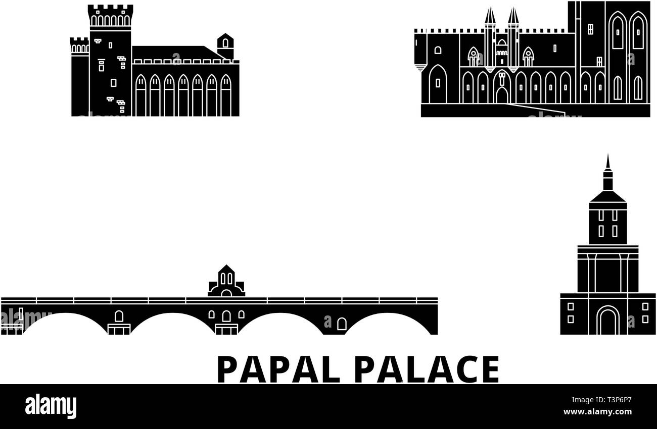 Francia,Palazzo Papale, complesso episcopale Ponte di Avignone piatta sullo skyline di viaggio set. Francia,Palazzo Papale, complesso episcopale Ponte di Avignone città nero Illustrazione Vettoriale