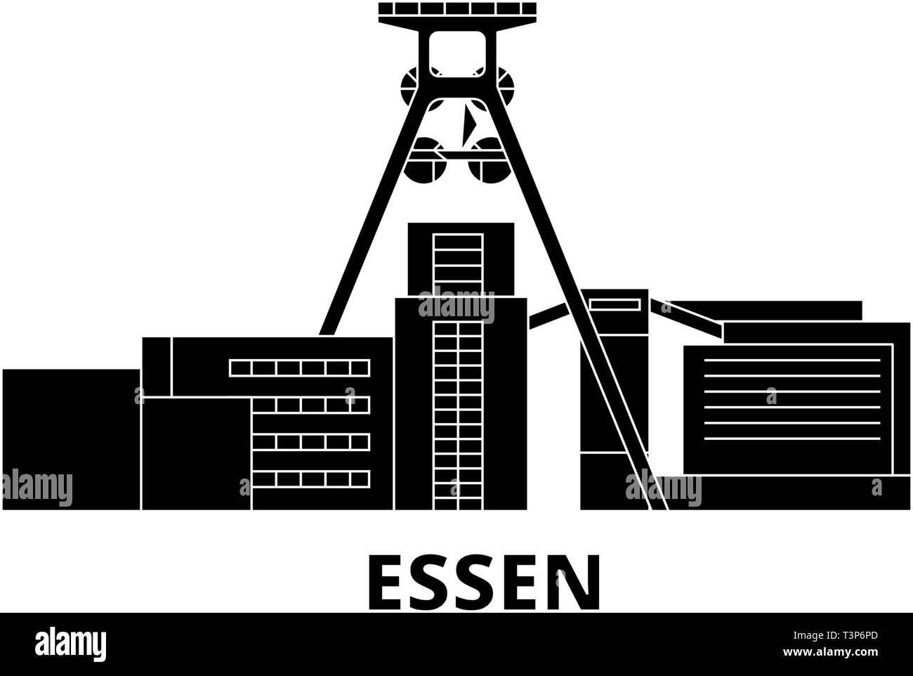 Germania, Essen, Complesso industriale delle Miniere di carbone dello Zollverein piatta sullo skyline di viaggio set. Germania, Essen, Complesso industriale delle Miniere di carbone dello Zollverein città nero Illustrazione Vettoriale