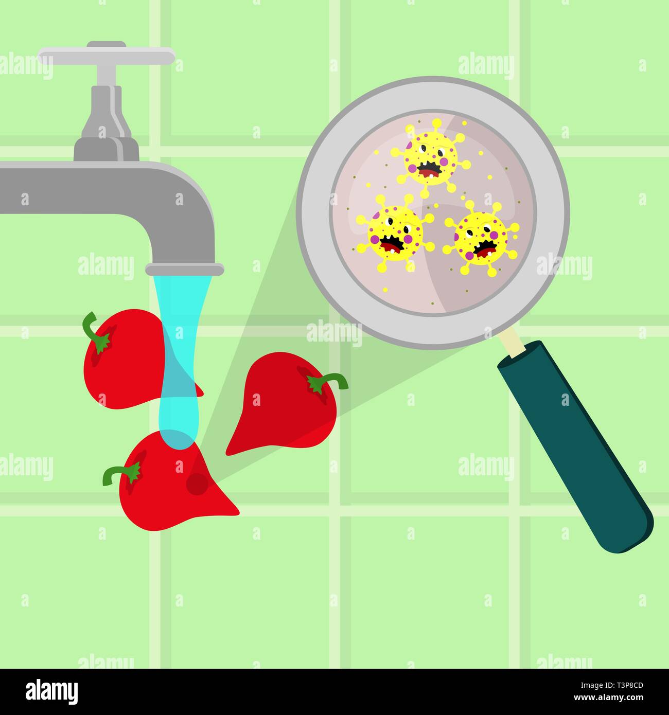 Pepe pout contaminati con il cartoon microbi essendo pulito e lavato in una cucina. Microrganismi, virus e batteri nel vegetale allargata da Illustrazione Vettoriale