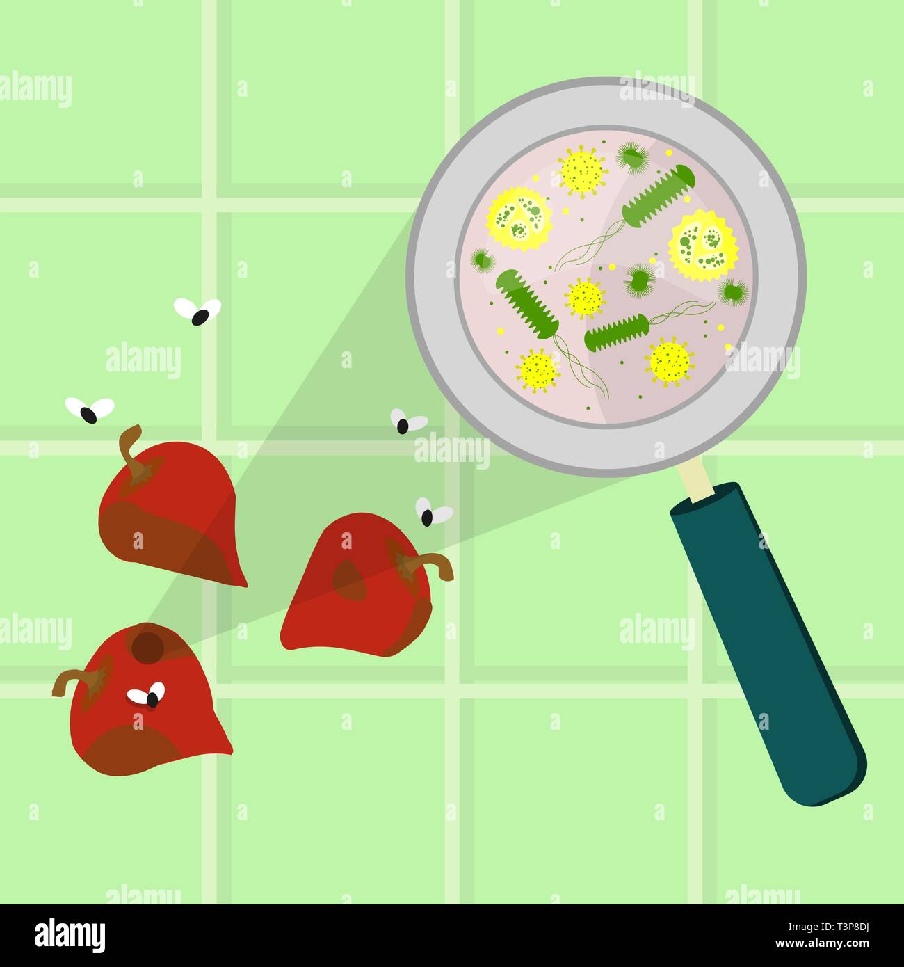 Pepe contaminati pout. Microrganismi, virus e batteri nel marcio e rovinato il peperone ingrandita di una lente di ingrandimento. Piastrelle in backgr Illustrazione Vettoriale