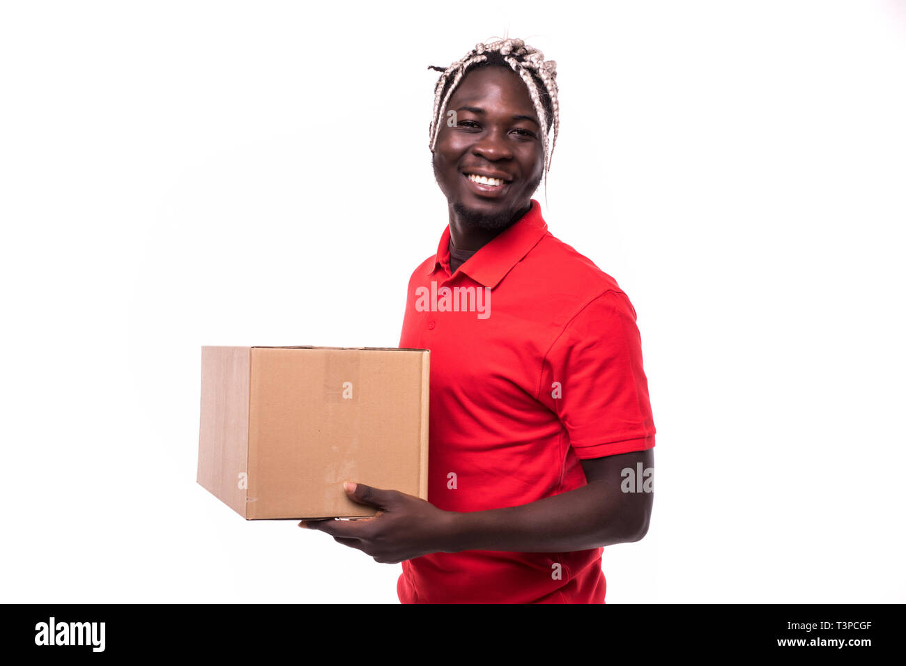Afro-americano di portalettere isolati su sfondo bianco Foto Stock