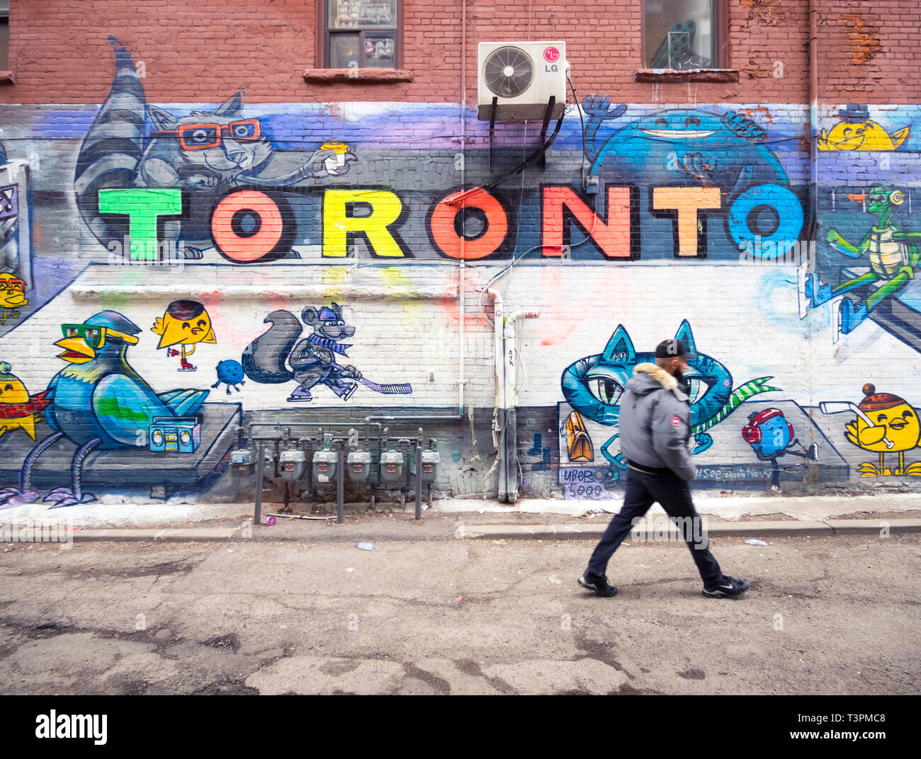 Brillante arte urbana e i murales Graffiti Alley (Rush Lane), in Queen Street West, distretto di Toronto, Ontario, Canada. Foto Stock