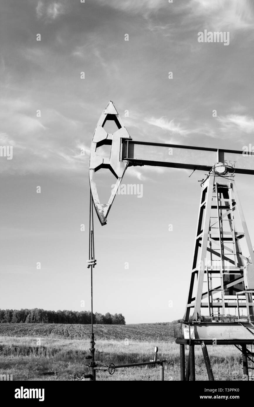 Industria petrolifera e del gas. Il lavoro della pompa olio jack su un campo petrolifero. Foto in bianco e nero Foto Stock