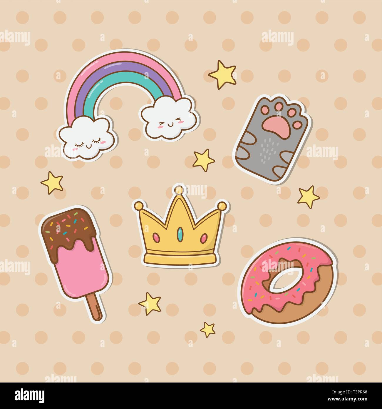 Set di adesivi kawaii illustrazione vettoriale design Illustrazione Vettoriale