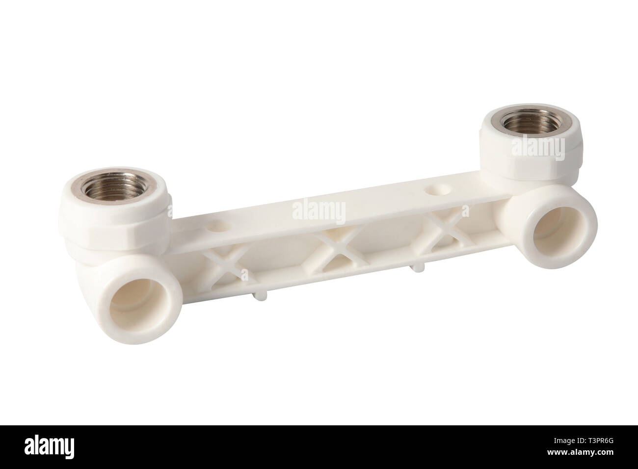 Raccordo tubazioni e valvola a sfera per il sistema di approvvigionamento di acqua, isolato su sfondo bianco Foto Stock