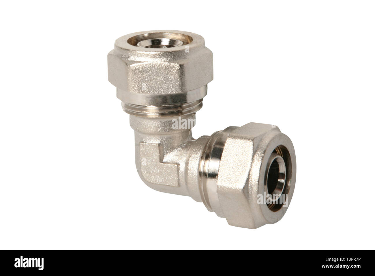 Raccordo tubazioni e valvola a sfera per il sistema di approvvigionamento di acqua, isolato su sfondo bianco Foto Stock