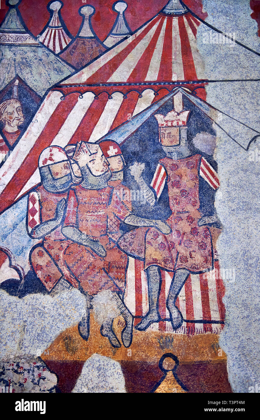 Affresco gotico pittura murale " la conquista di Maiorca " 1285-1290. Museo Nazionale di Arte Catalana di Barcellona, Spagna, inv n.: 071447-CJT. Il murale pai Foto Stock