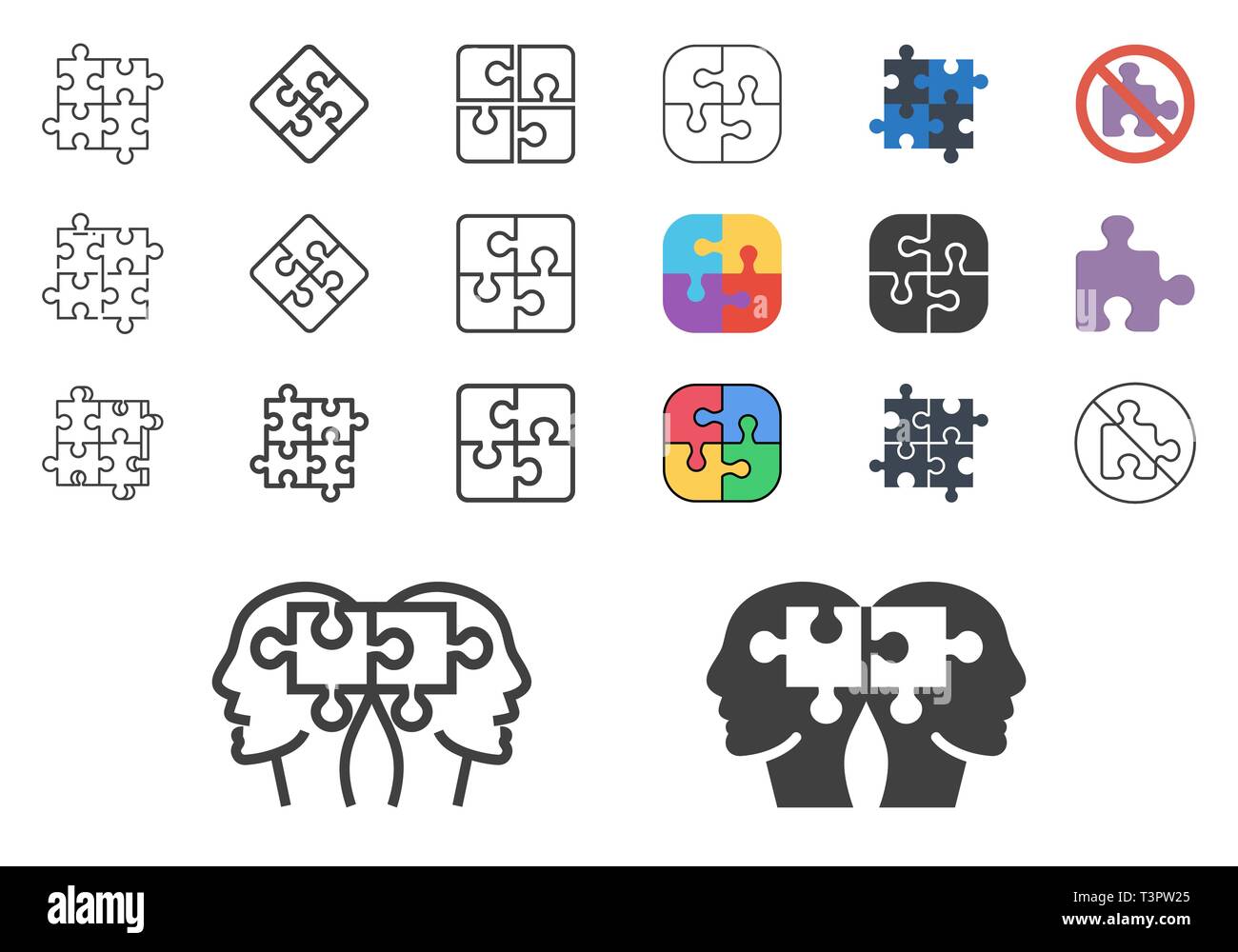 Serie di puzzle icone vettoriali. Isolato su sfondo bianco. Illustrazione Vettoriale
