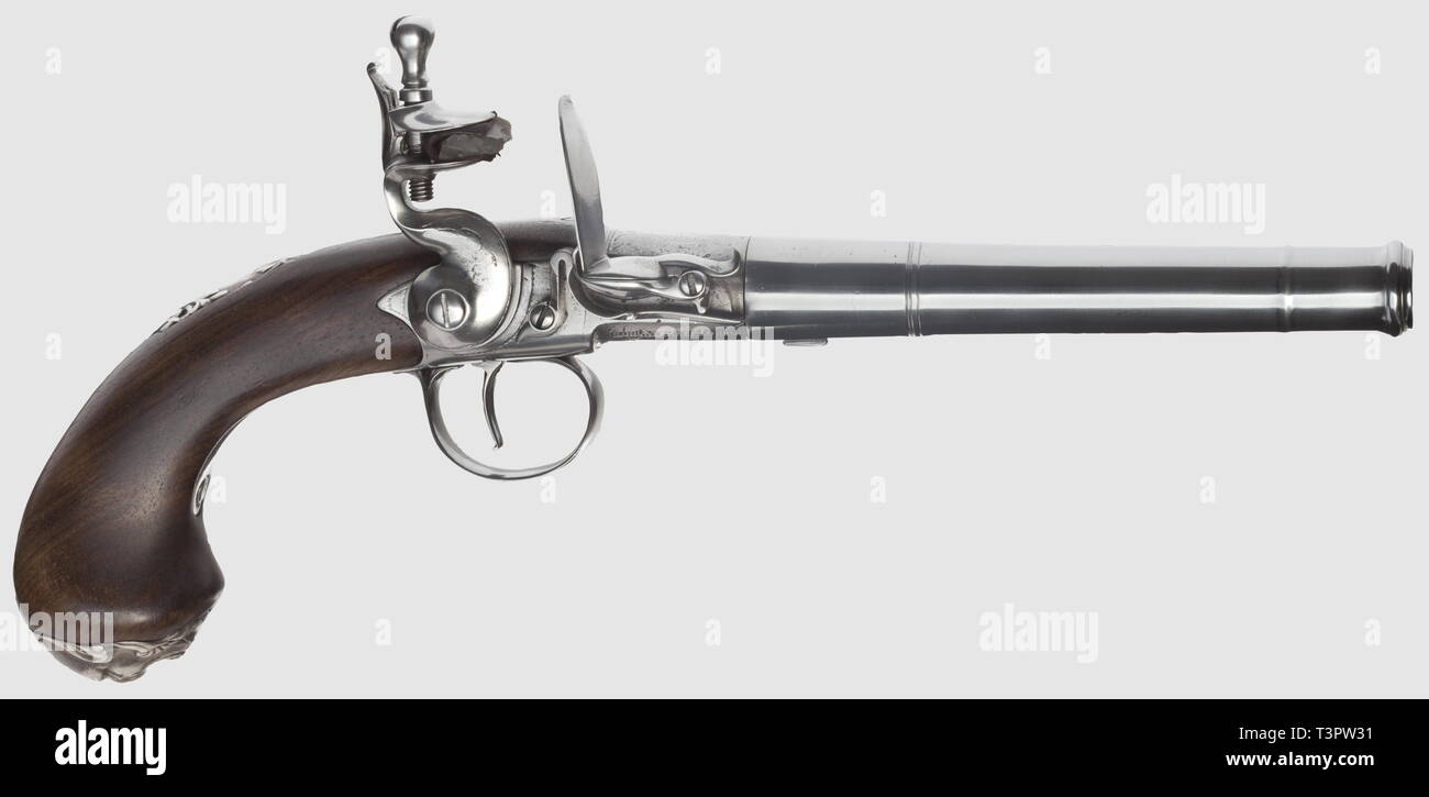 Piccole armi, pistole, Queen Anne flintlock pistola calibro 14 mm, Joseph Griffin, Bond Street, Londra, circa 1750, Additional-Rights-Clearance-Info-Not-Available Foto Stock