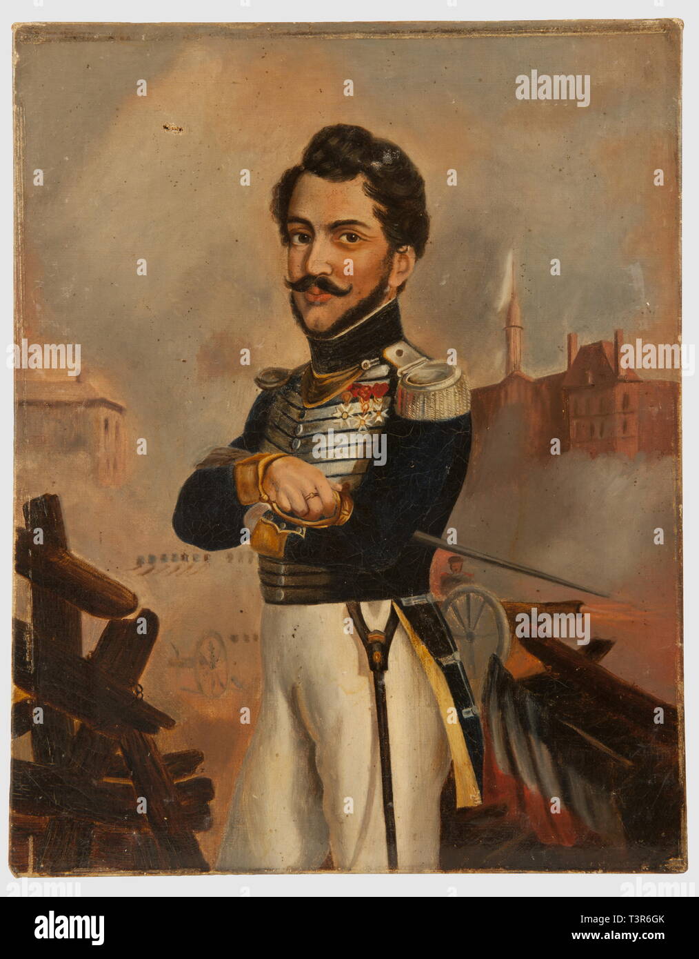 PREMIERE ET SECONDE RESTAURATION 1815-1848, Huile sur toile, représentant onu Officier de, voltigeurs du 3ème régiment d'Infanterie de la Garde Royale, après 1815. L'homme porte onu abitudine en drap bleu foncé, parements, retroussis et passepoils jaune, pattes" de parements bleues, passepoilées de jaune, galon argent disposé aux boutonnières et au niveau des poches de baschi, épaulette et contreépaulette en fil d'argent, hausse-col en cuivre doré orné de la Fleur de Lys. L'officier présenté sur fond d'une rue de ville barricadée et défendue par des pièces d, artista del diritto d'autore non deve essere cancellata Foto Stock
