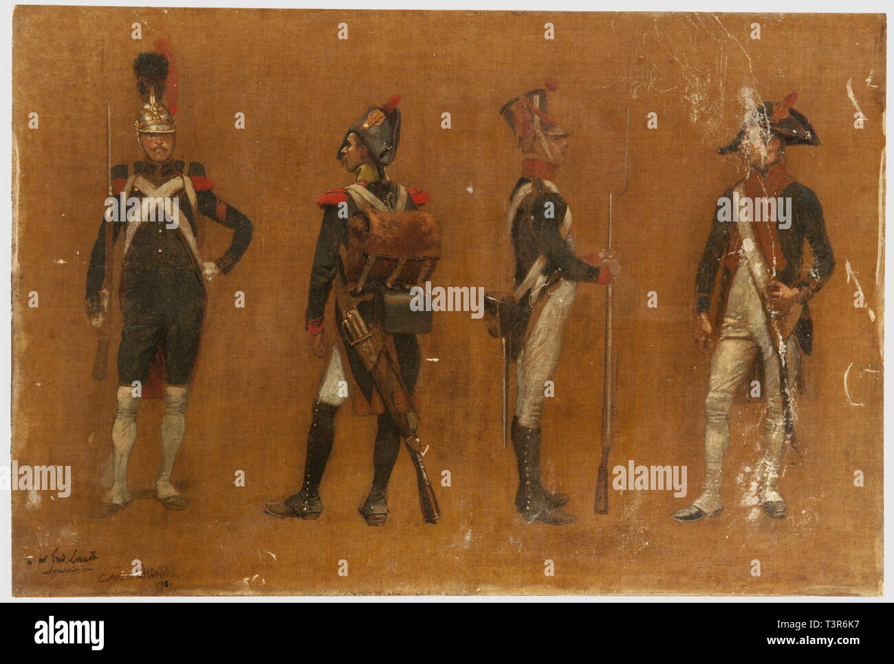 DIRECTOIRE-CONSULAT-EMPIRE 1795-1814, Etude d'uniformes du peintre Edouard Detaille dédiée à onu ami, Cette huile (toile marouflée sur bois) représente quatre militaires de gauche à droite, Onu sapeur du génie de la Garde (vers 1813), ONU voltigeur d'Infanterie de ligne (vers 1804) portant des épaulettes de granatiere, Onu tirailleur de l'infanterie de la jeune Garde (vers 1812/1813) et onu vétéran de l'infanterie (vers 1805/1806). Hauteur 38,5 cm, largeur 57 cm. Firma Dédicace et du peintre en bas à gauche, datée 1792! Ensemble en état moyen, tra, Additional-Rights-Clearance-Info-Not-Available Foto Stock