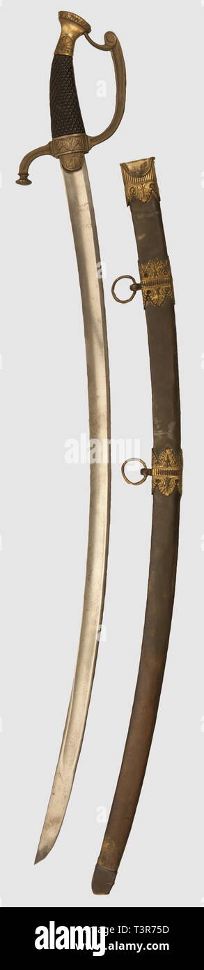 DIRECTOIRE-CONSULAT-EMPIRE 1795-1814, Sabre d'Officier supérieur, modèle rappelant les productions de la Manufacture de Versailles, période du 1er impero. Sabre à fusée en ébène quadrillé, garde à branche semplice en voluta creusée et quillon évasé en fleur. Alle mele à sezione carrée orné à la base d'une frise de perles et de toiles d'araignée. Croisière ornée de feuilles d'acanthe et d'une toile d'araignée à la base. Arredamento identique parfaitement sur les deux facce. Zoppi damas à la Coppa delle Nazioni Unite creux, sans aucun ornement ni firma. Fourreau en métal à l'o, Additional-Rights-Clearance-Info-Not-Available Foto Stock