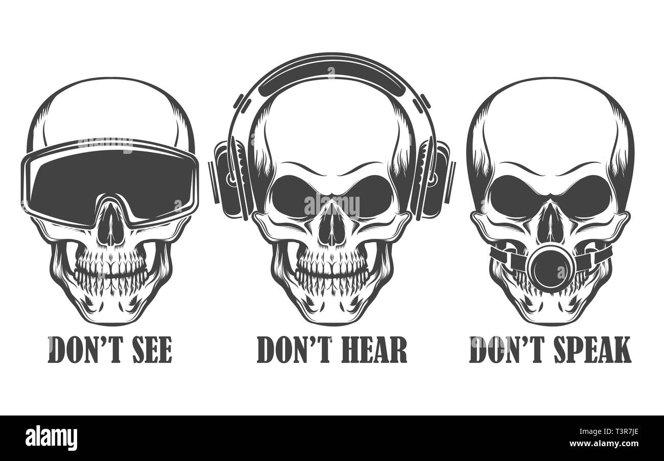 Teschi umani nelle cuffie, realtà virtuale auricolare e ball gag con formulazione non vedere, sentire parlare. Illustrazione Vettoriale. Illustrazione Vettoriale