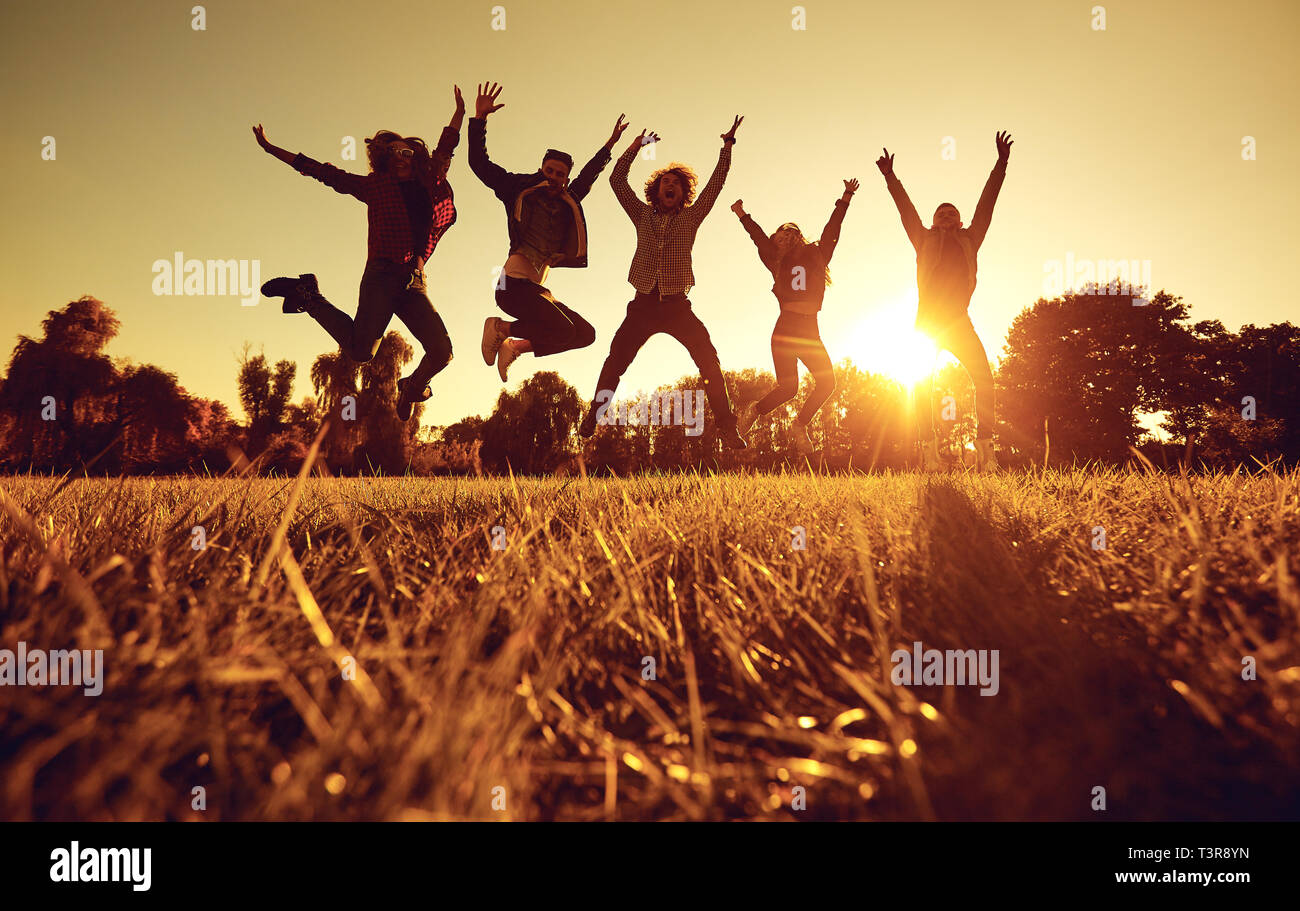 Un gruppo di giovani persone che saltano sull'erba nel parco al tramonto. Foto Stock