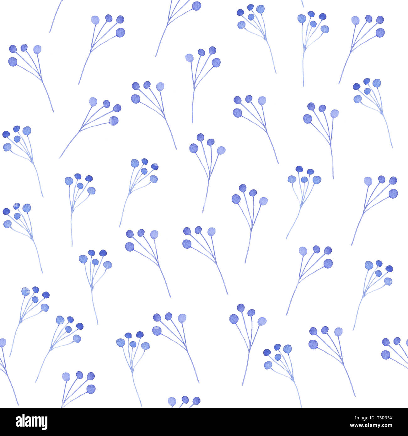 Disegno ad acquerello del blu foglie, rami e fiori Foto Stock
