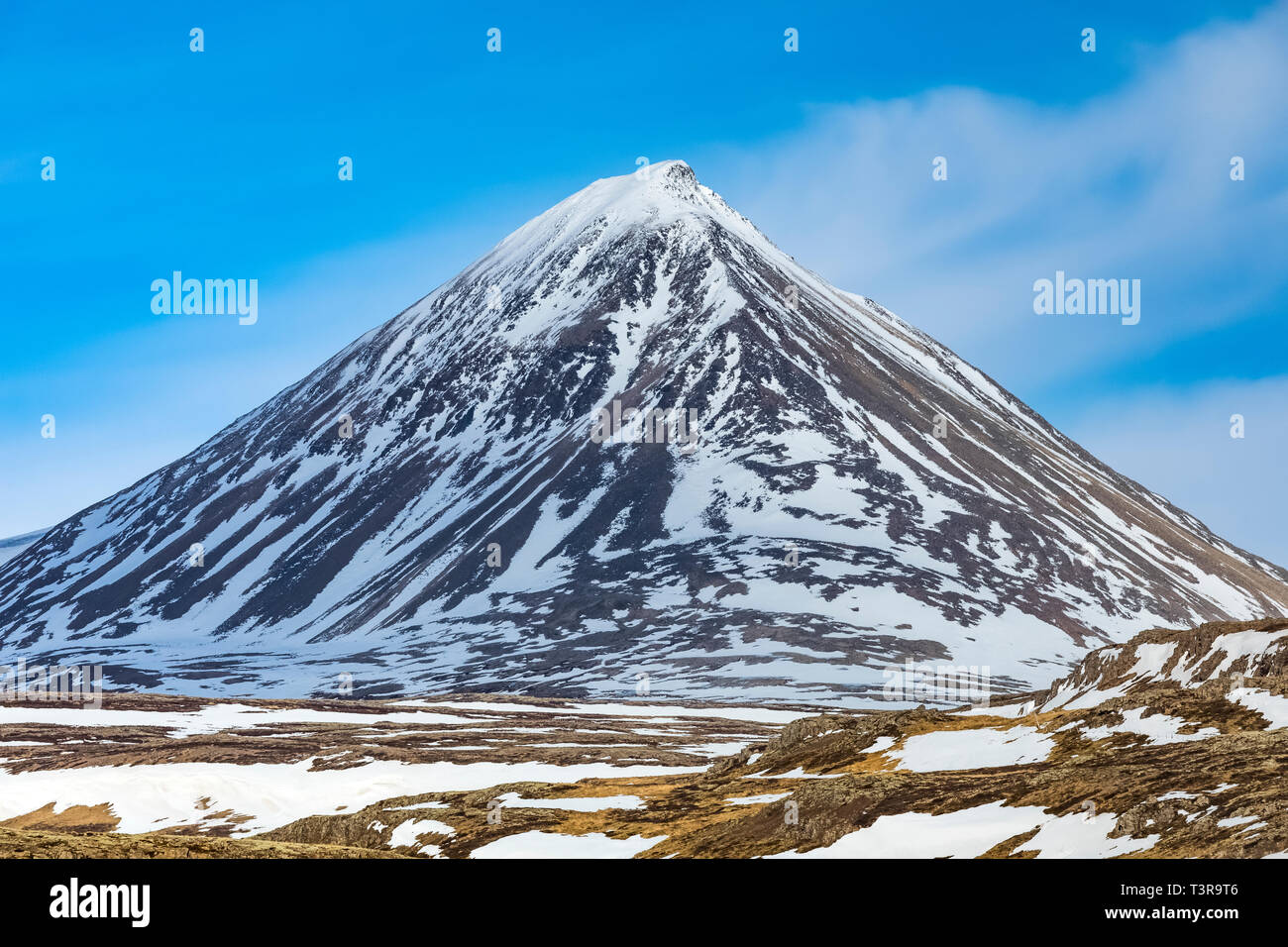 Bella montagna simmetrico chiamato Baula a nord di Borgarnes in Islanda Foto Stock