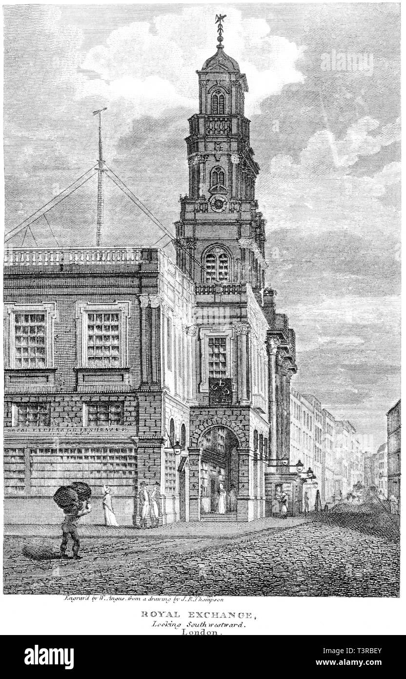 Una incisione del Royal Exchange guardando verso sud, Londra UK scansionati ad alta risoluzione da un libro pubblicato nel 1814. Ritiene copyright free. Foto Stock