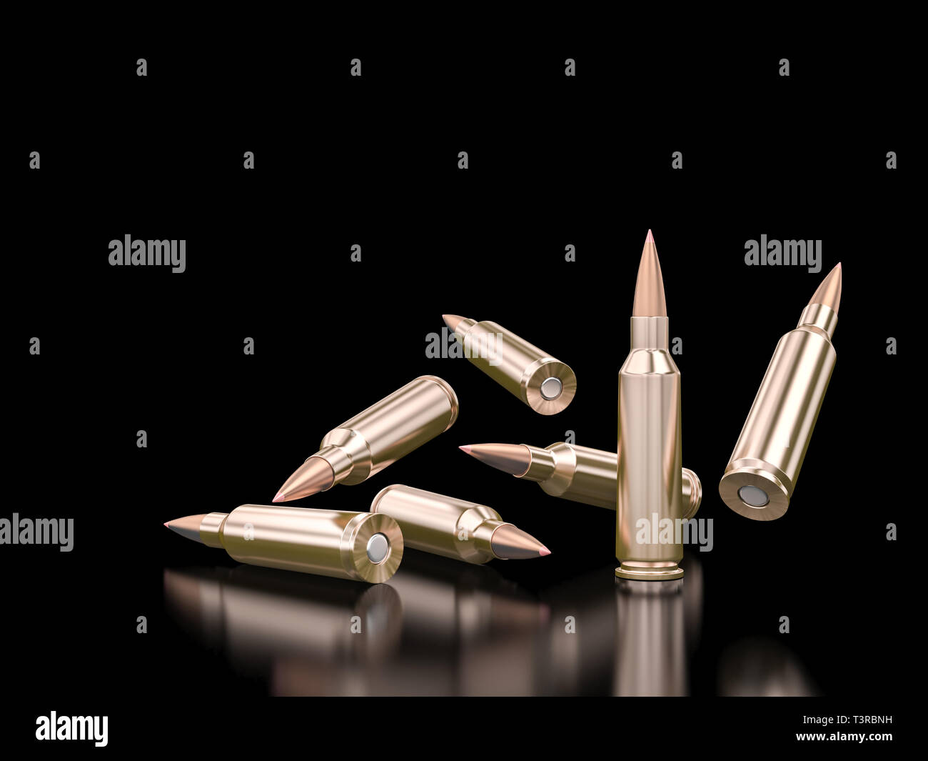 Immagine 3D rappresentata da una serie di fucile da assalto elenchi puntati su uno sfondo nero. Foto Stock