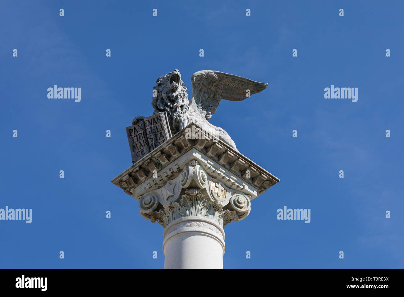 Il leone alato di San Marco in cima della colonna a Gradisca d'Isonzo e Friuli Venezia Giulia, Italia Foto Stock
