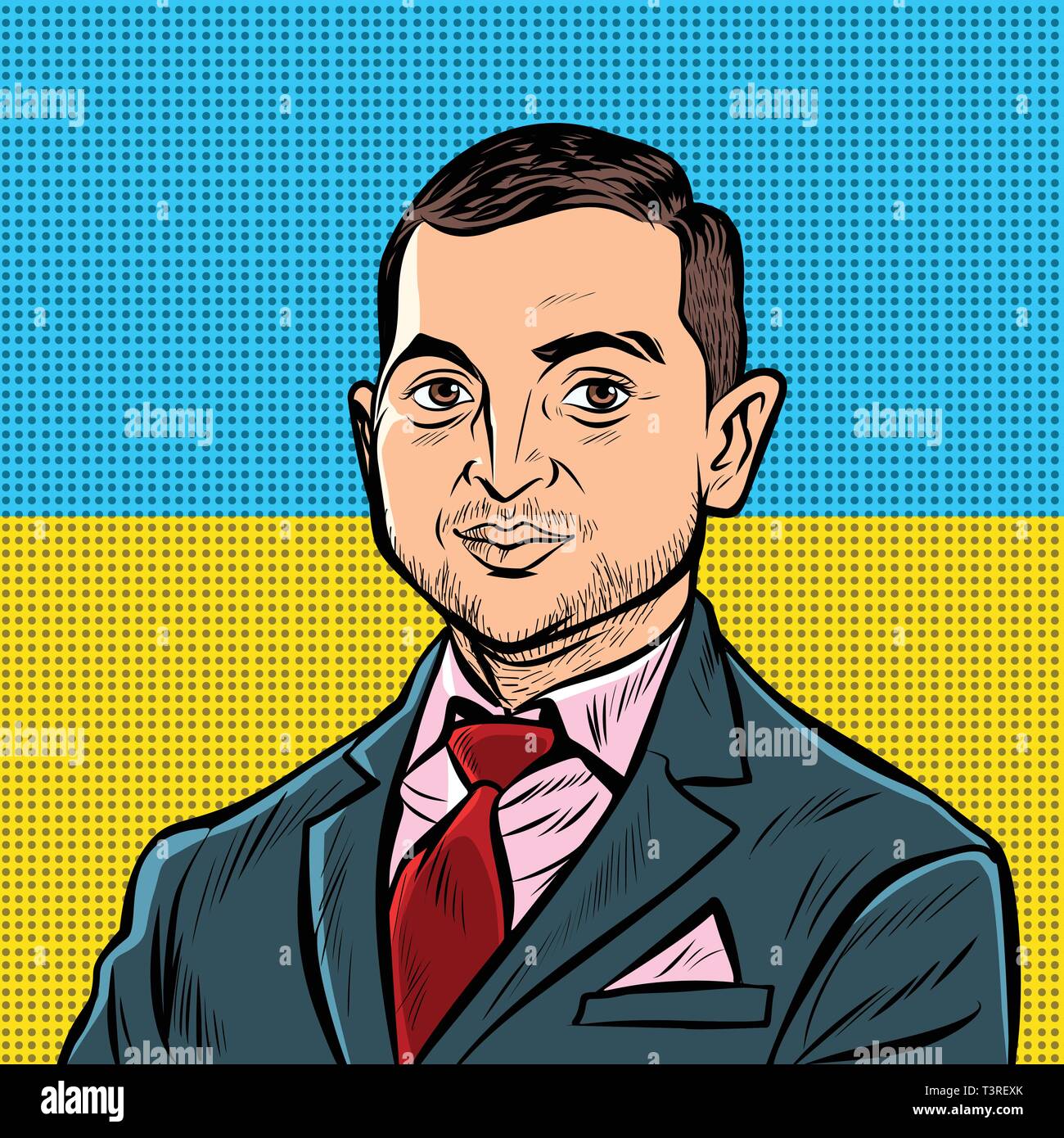 Kiev, Ucraina - 11 aprile 2019. Ritratto del candidato presidenziale di Ucraina Vladimir Zelensky. Attore comico leader Kvartal 95. giallo nazionale Illustrazione Vettoriale