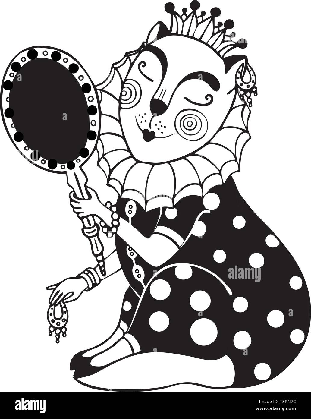 Splendida principessa gatto signora guarda nello specchio. Vettore. Isola. Illustrazione Vettoriale