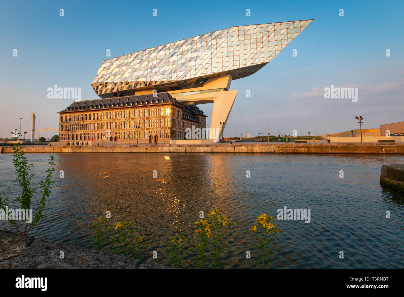 Anversa, Belgio - 9 Giugno 2018: vista sul porto nuovo Casa (Havenhuis), la sede dell'Autorità portuale di Anversa, progettato dall'architetto Zaha aveva Foto Stock