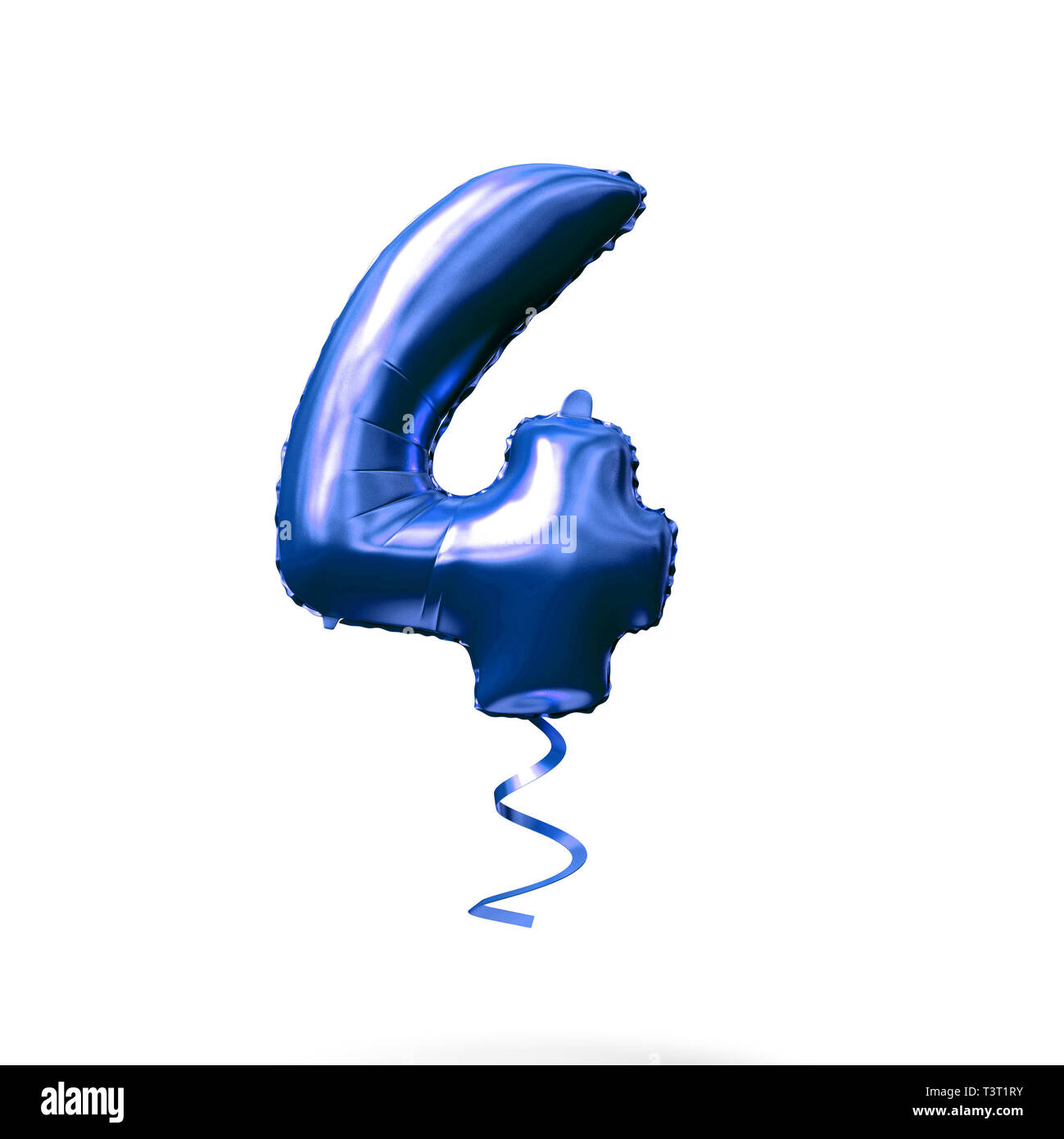 Numero 4 foglio blu palloncino elio isolato su uno sfondo bianco. 3D Render Foto Stock