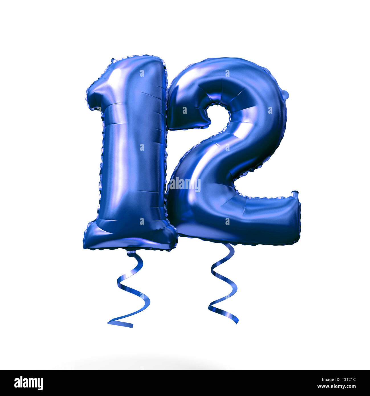 Numero 12 foglio blu palloncino elio isolato su uno sfondo bianco. 3D Render Foto Stock