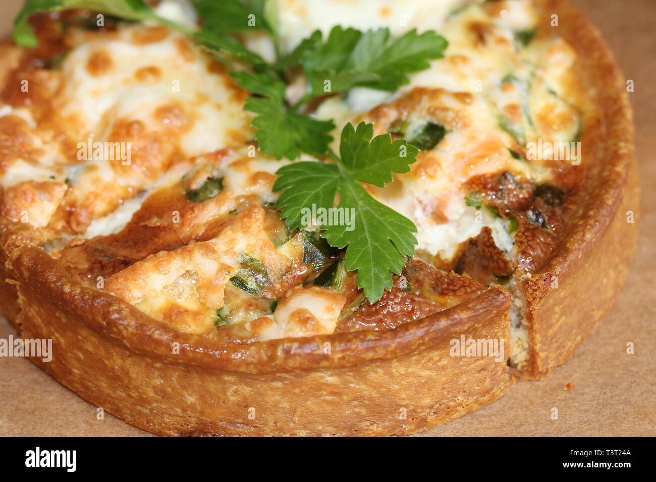 Il salmone selvatico e gli spinaci torta. Diviso in 4 parti e decorate con il prezzemolo. Il cibo gustoso. Foto Stock