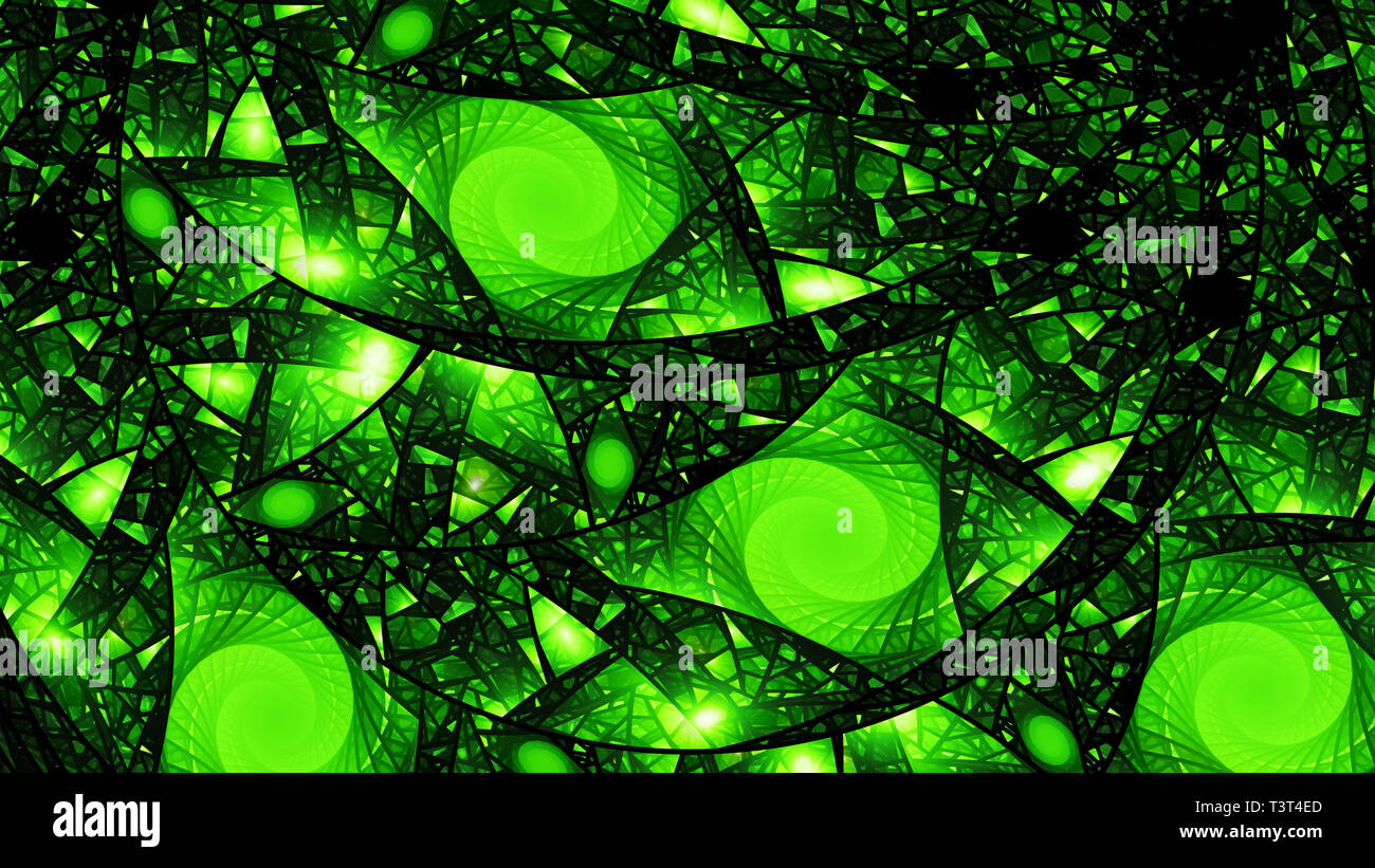 Incandescente verde vetro macchiato frattali generati da computer sfondo astratto, rendering 3D Foto Stock