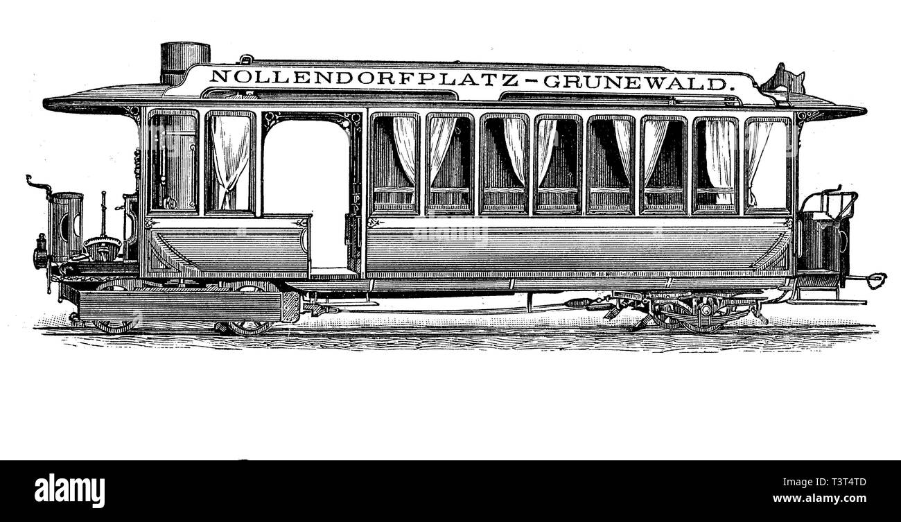 Tram storico a Berlino, Rowanwagen, vapore motore progettato secondo il sistema rowan, 1880, storico xilografia, Inghilterra Foto Stock