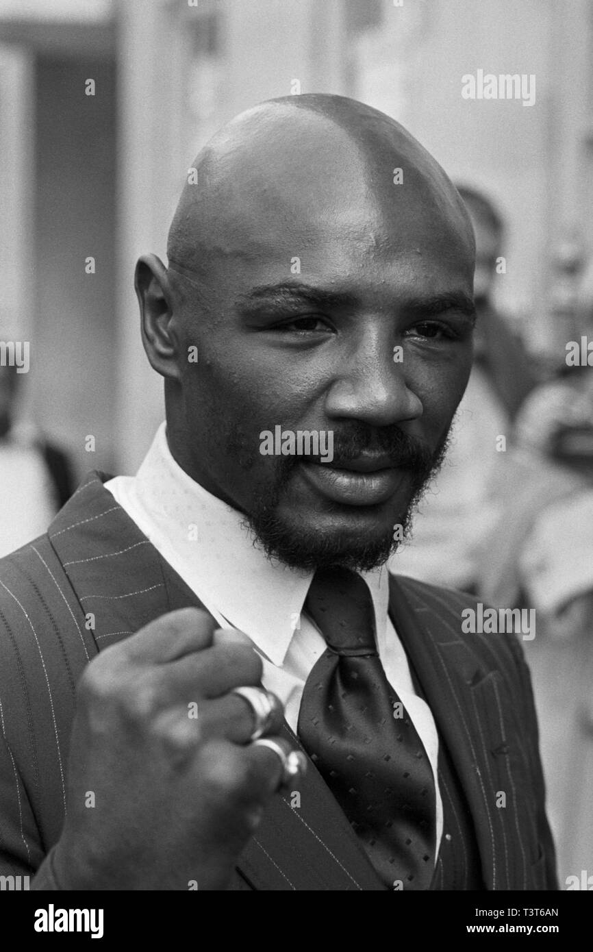 American middleweight pugile Marvin Hagler a Londra quando ha frequentato il Boxer' Premere il pranzo presso la Casanova Club. Egli è impostato per soddisfare la Gran Bretagna è Alan Minter a Wembley Arena in un concorso per il titolo mondiale. Foto Stock
