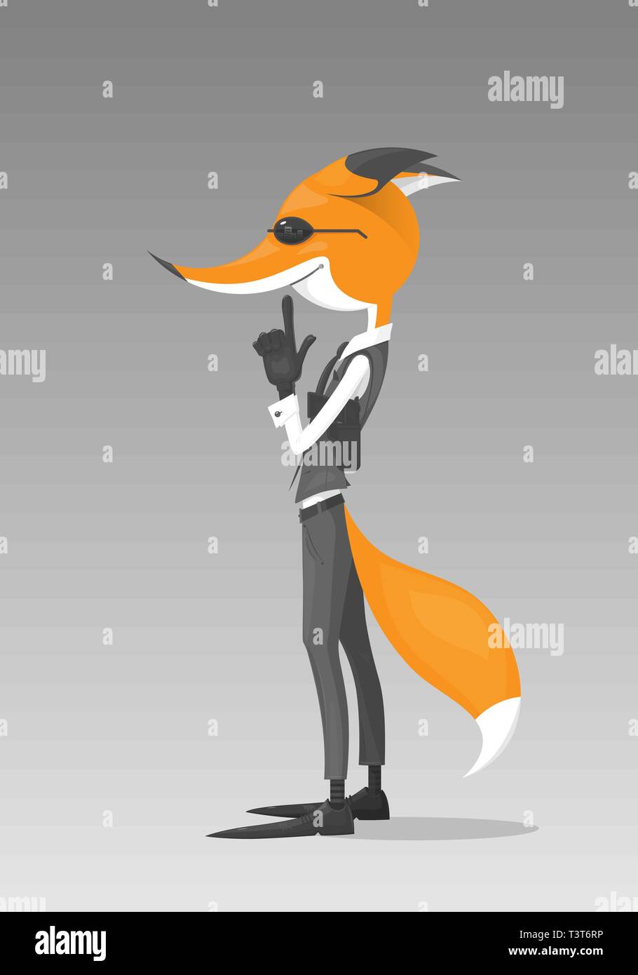 Personaggio dei fumetti di una volpe assomiglia a una spia o un detective è in piedi e tiene una pistola immaginaria. Il personaggio indossa un bianco e nero del costume. Illustrazione Vettoriale