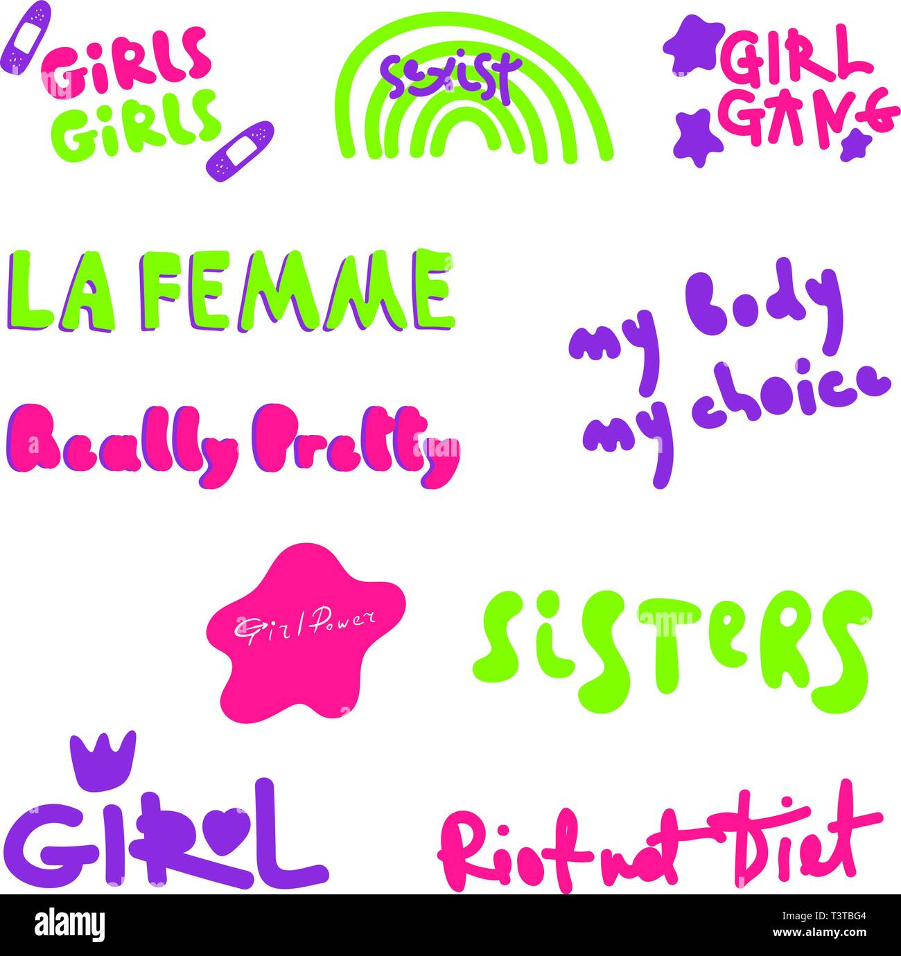 Illustrazione vettoriale in stile semplice con set di frasi a mano, tema di potenza per le donne - stampa elegante per poster o t-shirt - citazione femminista e donna. Illustrazione Vettoriale