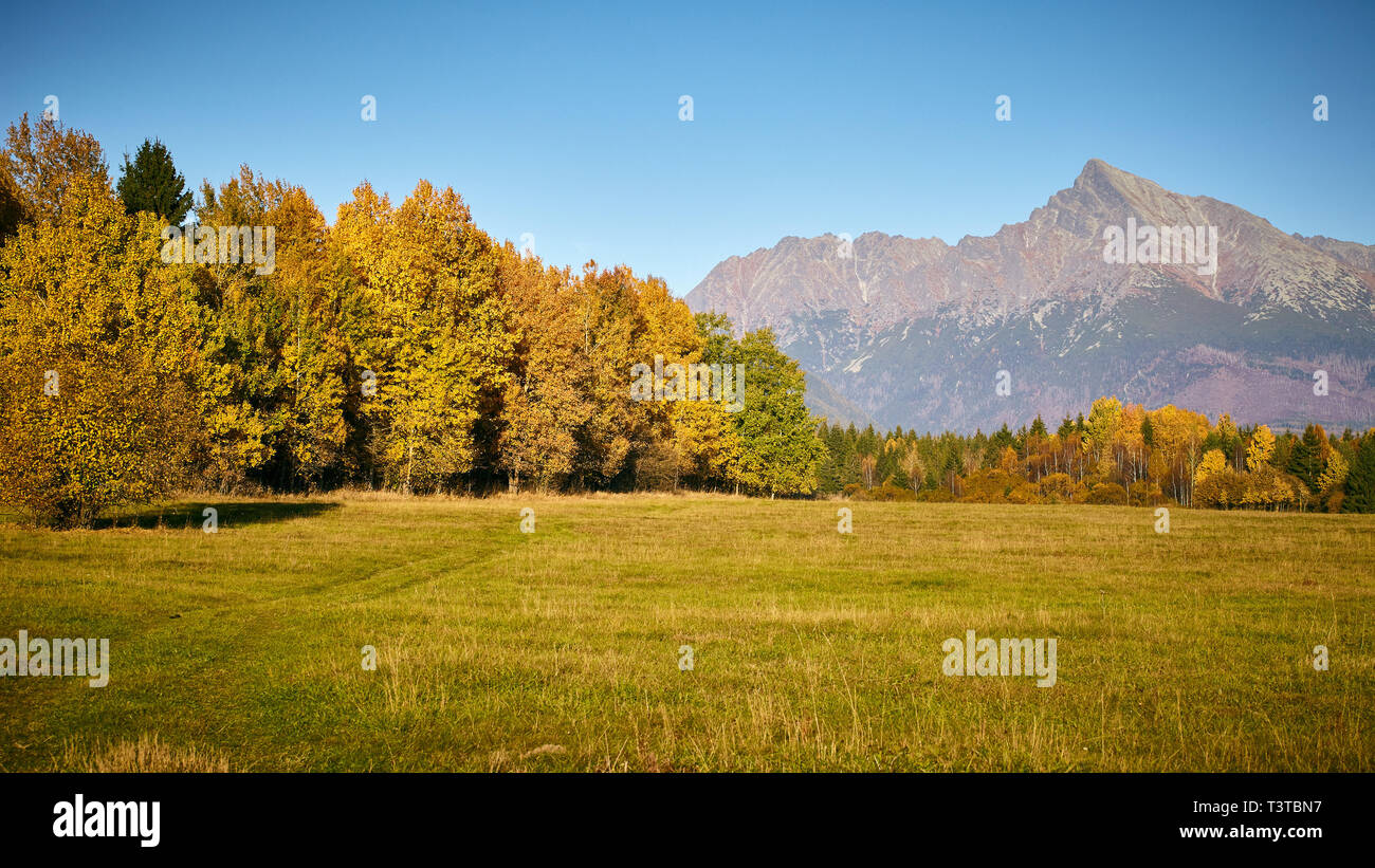 Alti Tatra, Slovacchia. 13 ottobre, 2018. Vista di 'Kriváň' peak da prati vicino al villaggio Pribilina, Alti Tatra, Slovacchia. Foto Stock
