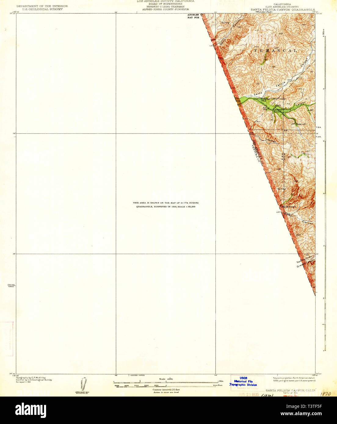 USGS TOPO Map California CA Santa Felicia Canyon 300262 1935 24000 Restauro Foto Stock